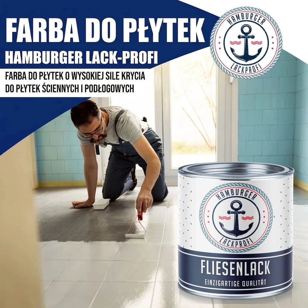 Farba do płytek "Hamburger Lack-Profi". Mężczyzna maluje podłogę. Puszka z napisem "Fliesenlack".