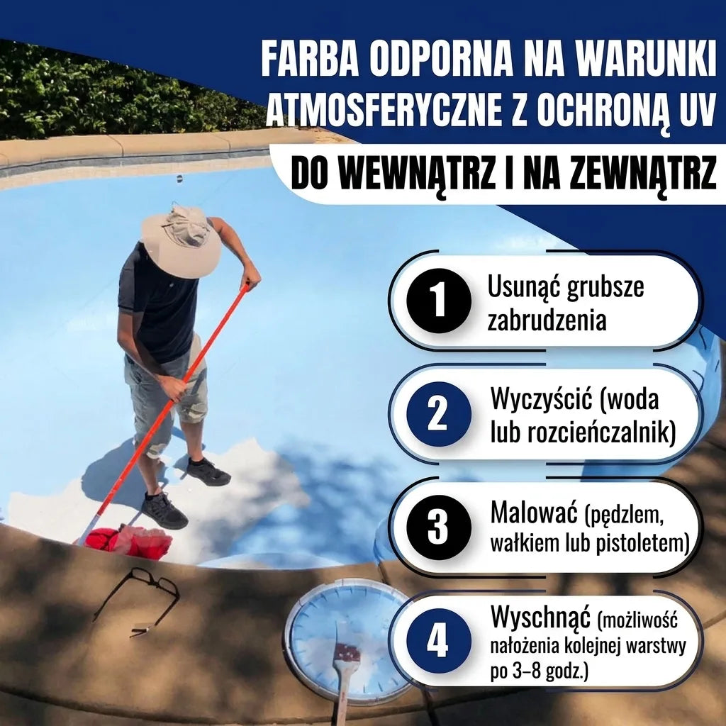 Mężczyzna czyści basen. Instrukcje malowania farbą odporną na warunki atmosferyczne i promieniowanie UV.