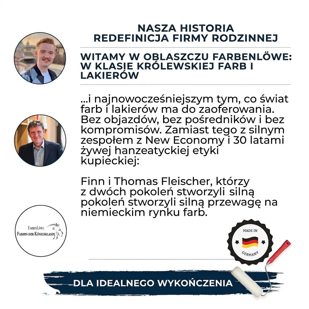 Opis historii rodzinnej firmy Farbenlöwe z Niemiec, oferującej wysokiej jakości farby i lakiery. Zdjęcia założycieli.