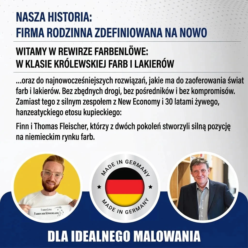 FarbLöwe: Dwóch mężczyzn, tekst o rodzinnej firmie i farbach premium Made in Germany.