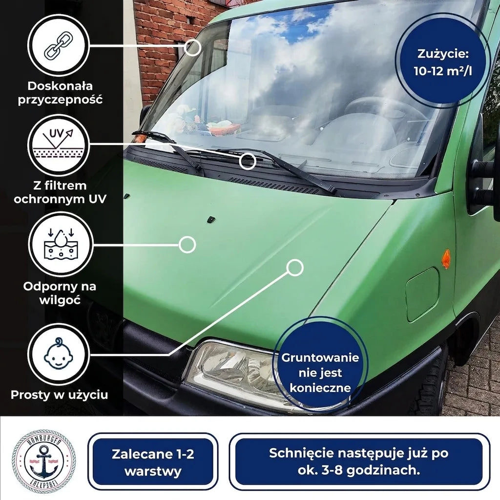 Zielony van z opisem farby: doskonała przyczepność, ochrona UV, odporność na wilgoć, łatwa w użyciu, bez gruntowania, szybkoschnąca.