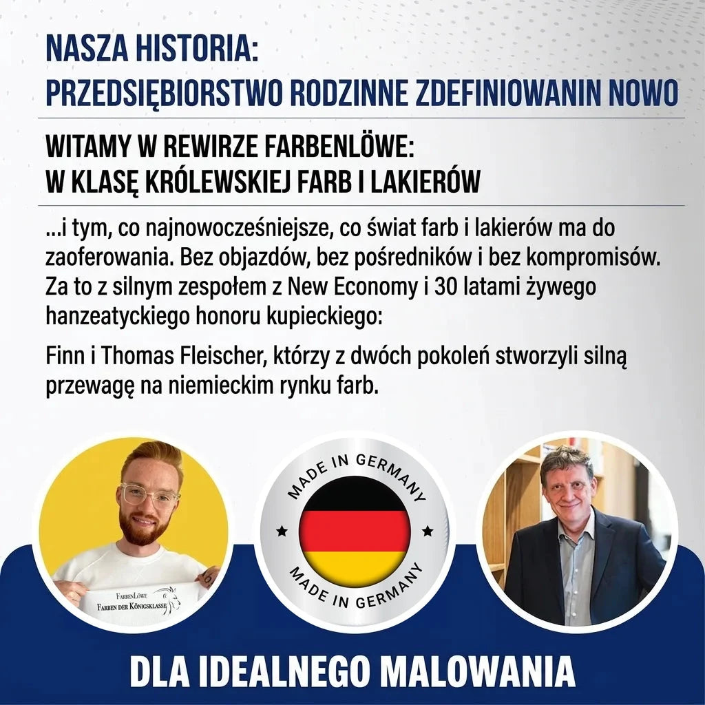 Grafika o Farbenlöwe, rodzinnej firmie redefiniującej rynek farb i lakierów. Dwóch mężczyzn, "Made in Germany".