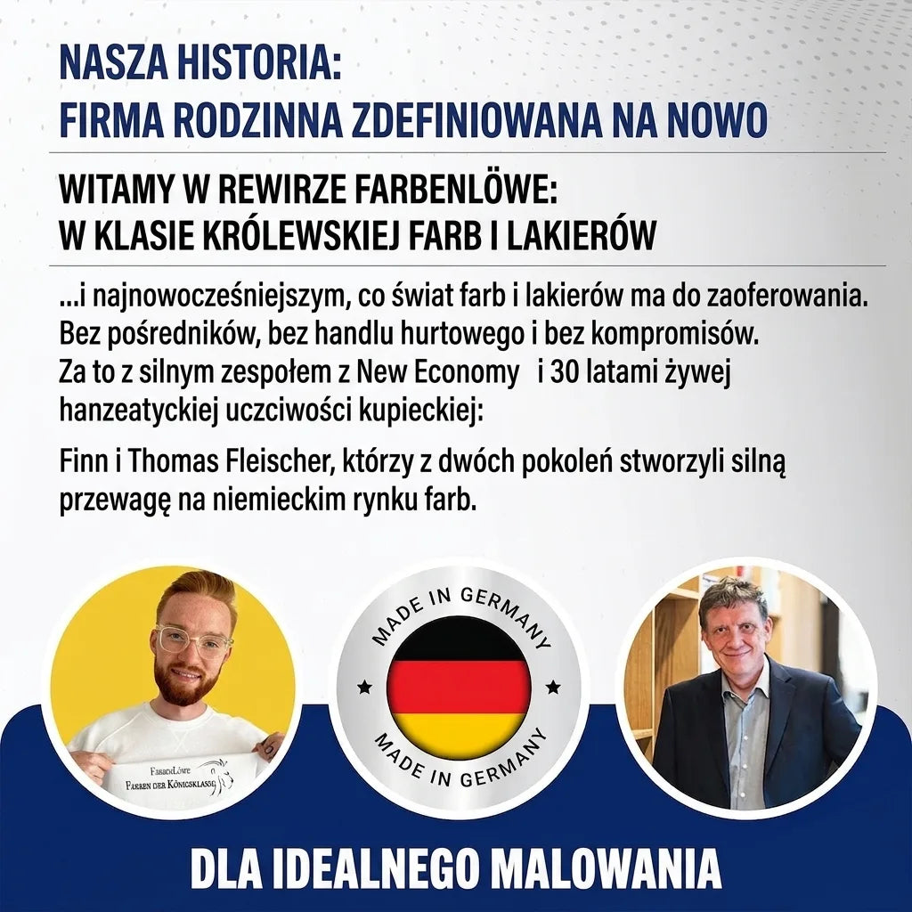Niemiecki tekst o firmie rodzinnej Fleischer i farbach premium, z wizerunkami Finna i Thomasa oraz logo 'Made in Germany'.