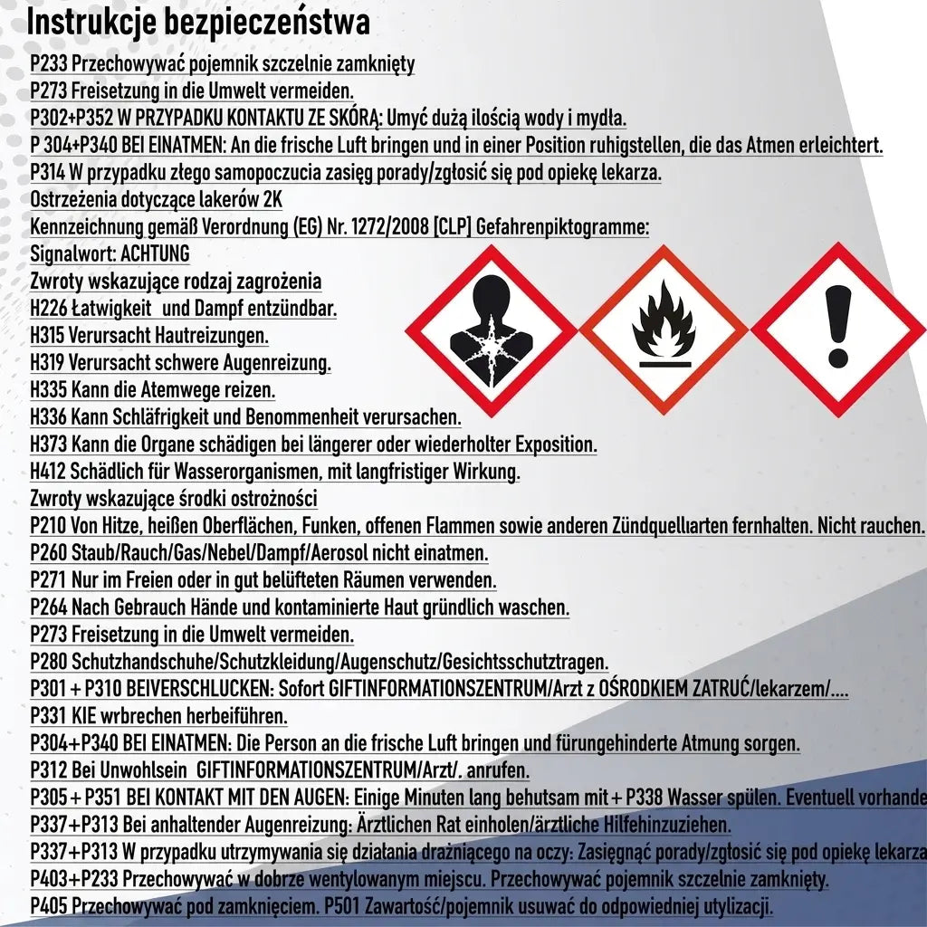 Niemieckie wskazówki bezpieczeństwa i piktogramy CLP dotyczące substancji chemicznych, w tym dla lakierów 2K.