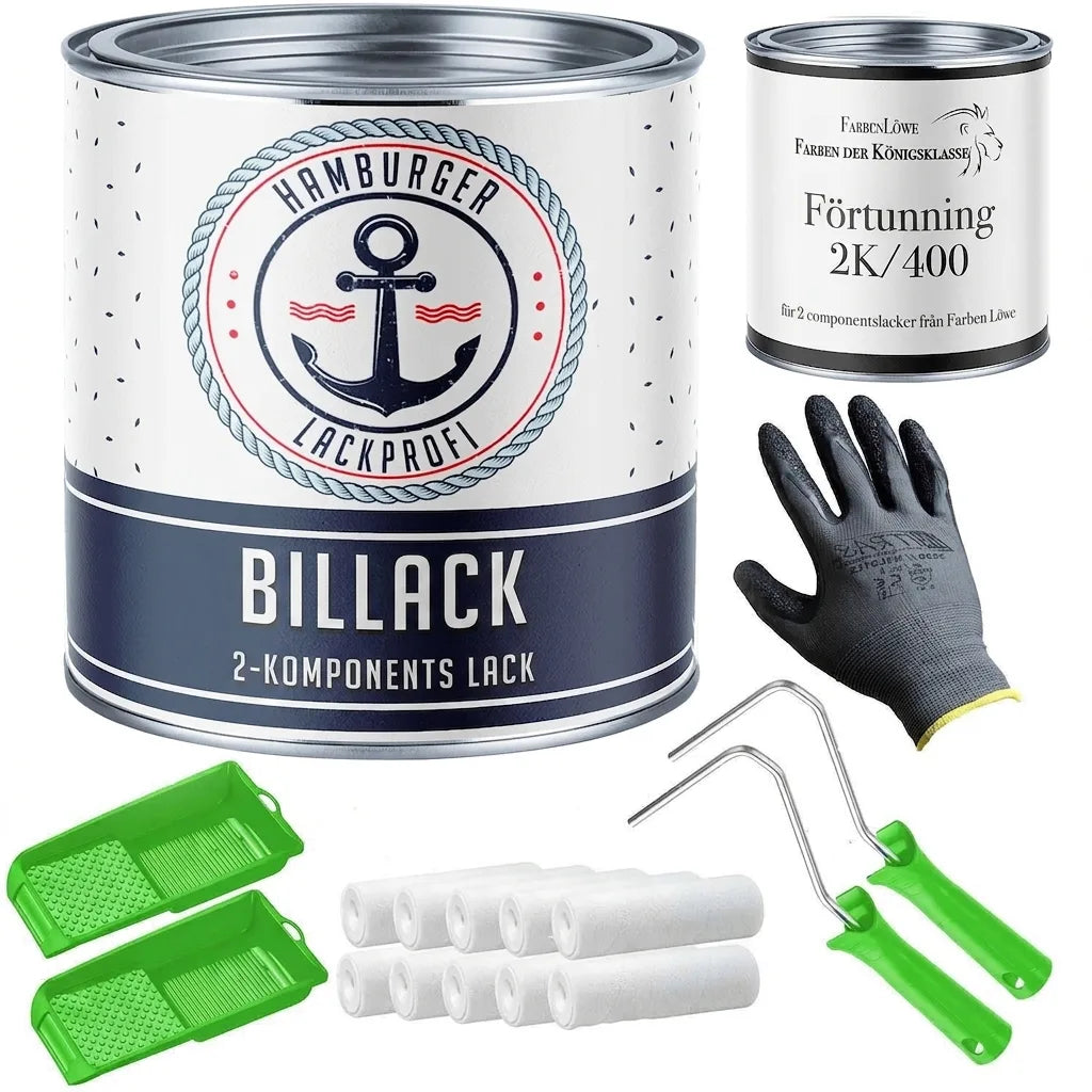 Set för billackering med professionell 2-komponentslack, förtunning, rollers, handskar och målarbaljor.