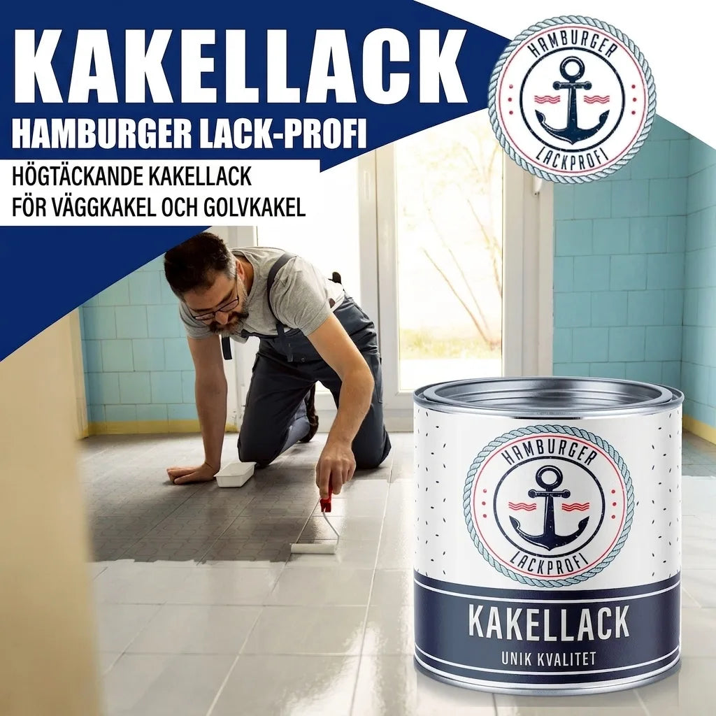 Man målar golvkakel med kakelfärg från Hamburger Lack-Profi. Högtäckande färg för vägg- och golvkakel.