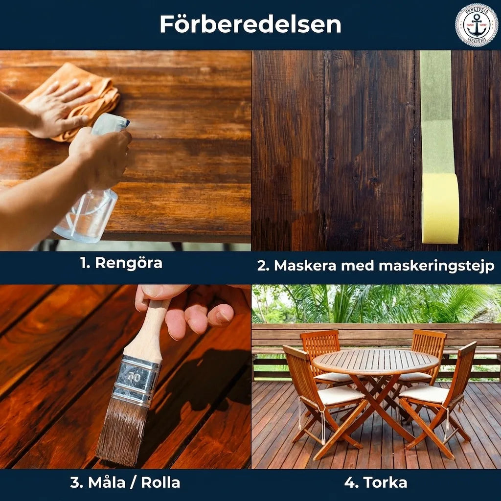 Förberedelse av trämöbler utomhus i 4 steg: rengöring, maskering, målning och torkning.