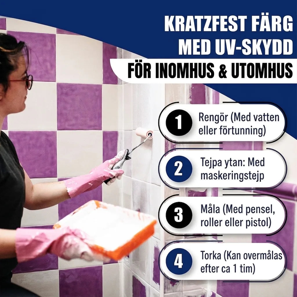 Kvinna målar väggplattor. Tysk text: Repfri UV-färg för inomhus/utomhus, plus 4 stegs appliceringsguide.