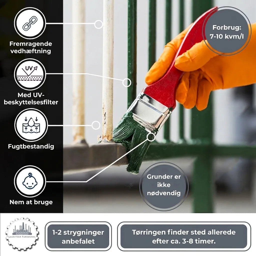 Maling på hegn. Fremragende vedhæftning, UV-beskyttelse, fugtbestandig, nem at bruge, ingen grunder. Tørretid 3-8 timer.