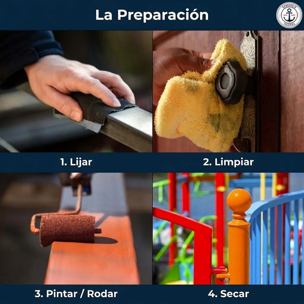 Guía de 4 pasos para preparar y pintar superficies: lijado, limpieza, aplicación de pintura y secado.