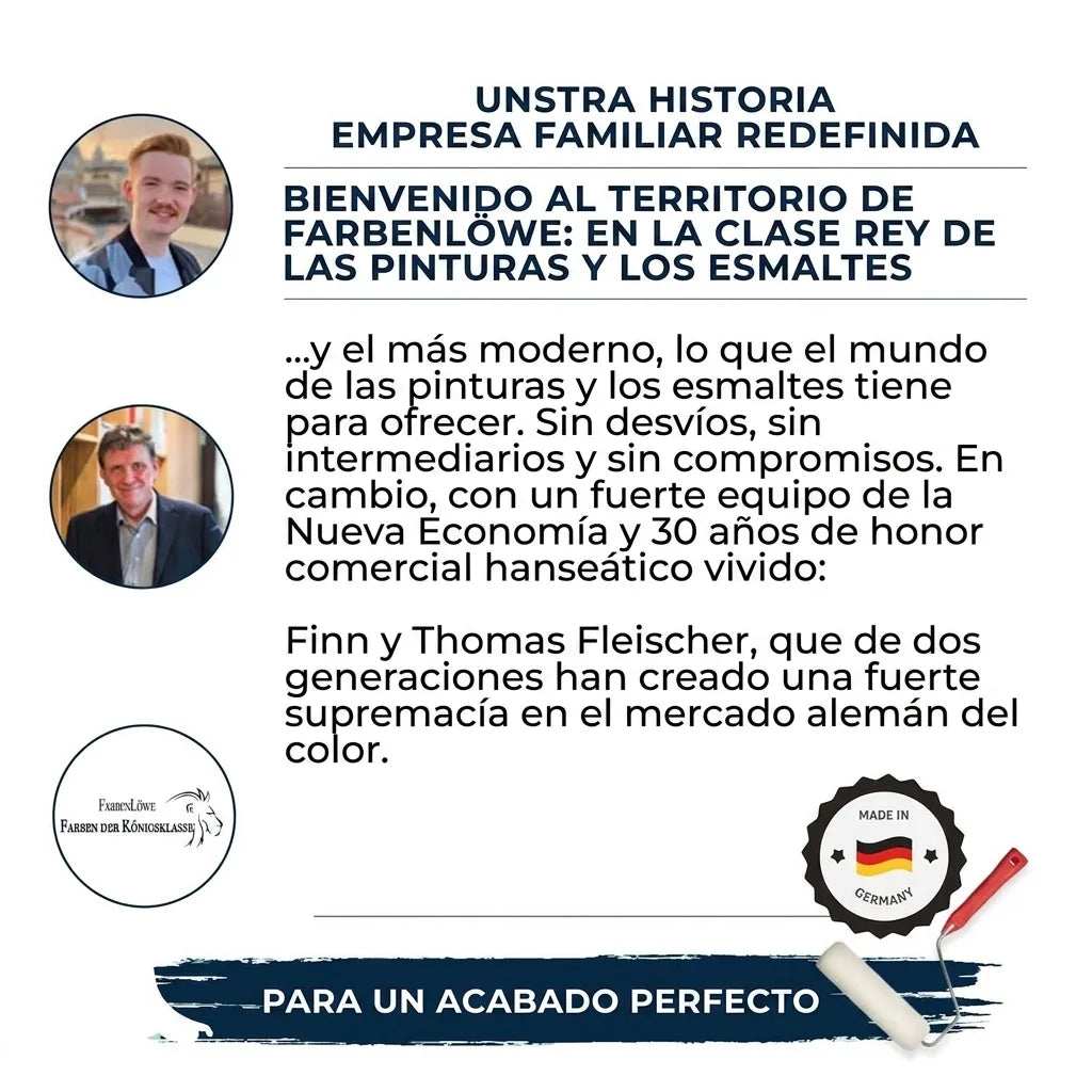 Historia de FarbenLöwe, empresa familiar alemana de pinturas. Presenta a los fundadores y su compromiso con la calidad.