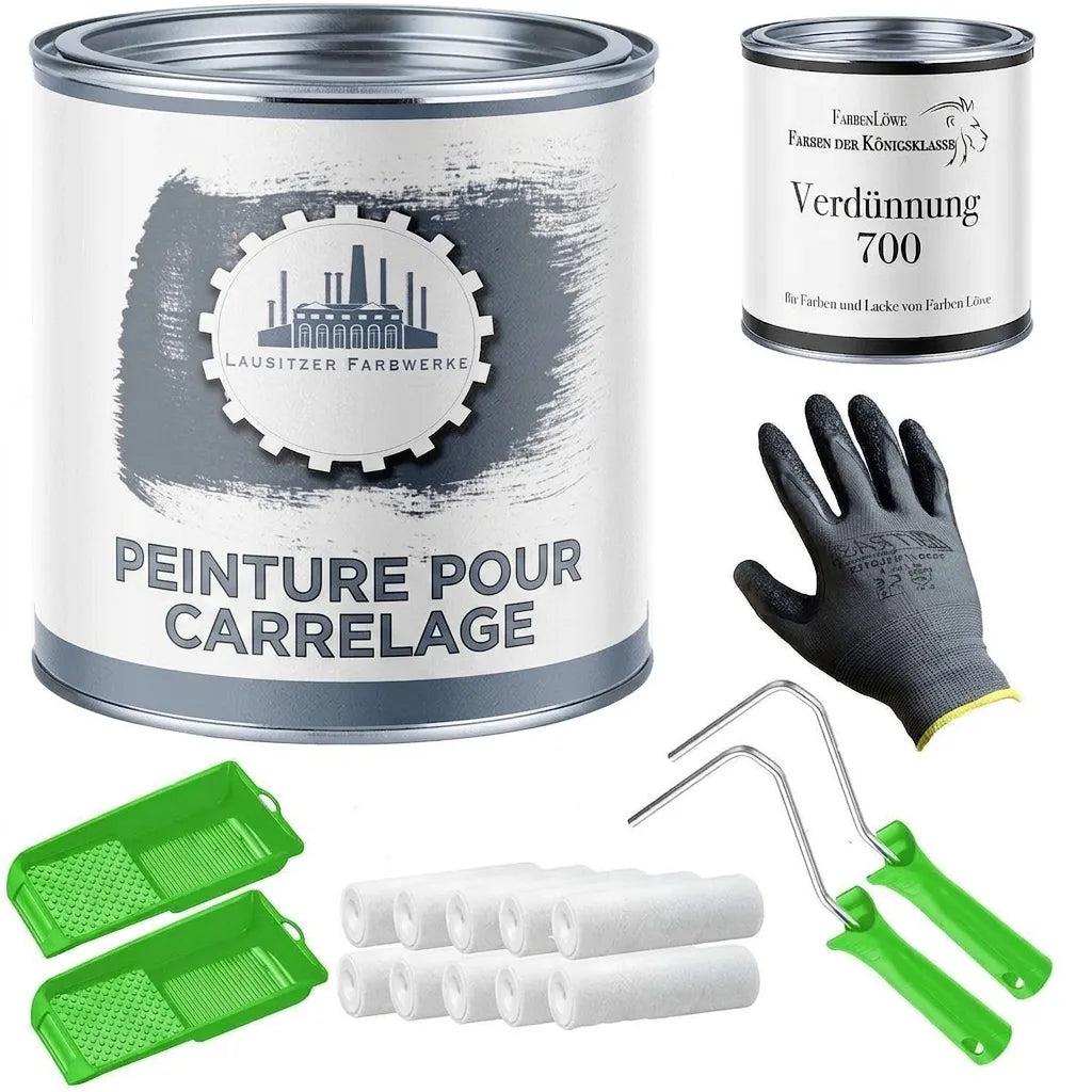Kit peinture carrelage: laque, diluant, gants, bacs, rouleaux. Tout pour rénover sols, murs. Lausitzer Farbwerke.