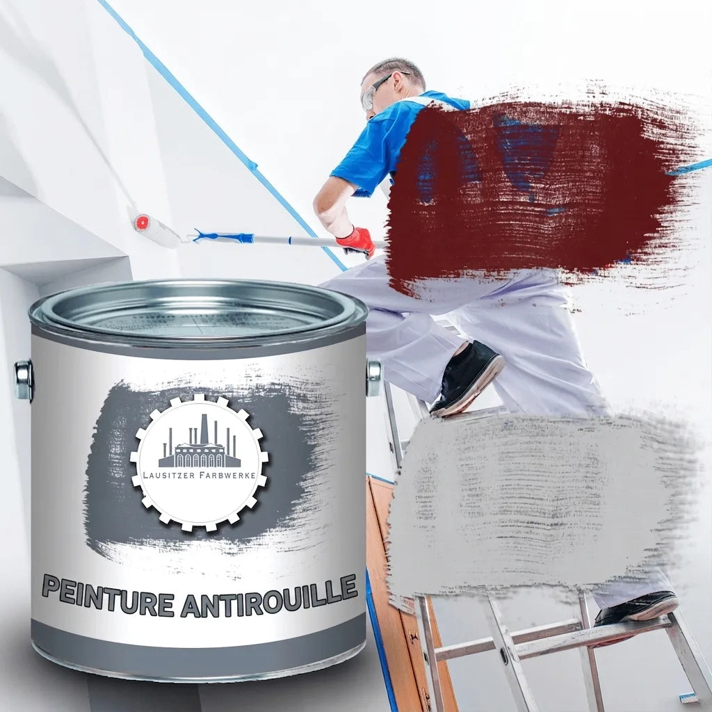 Peintre sur échelle, appliquant de la peinture. Au premier plan, un pot de peinture antirouille Lausitzer Farbwerke.