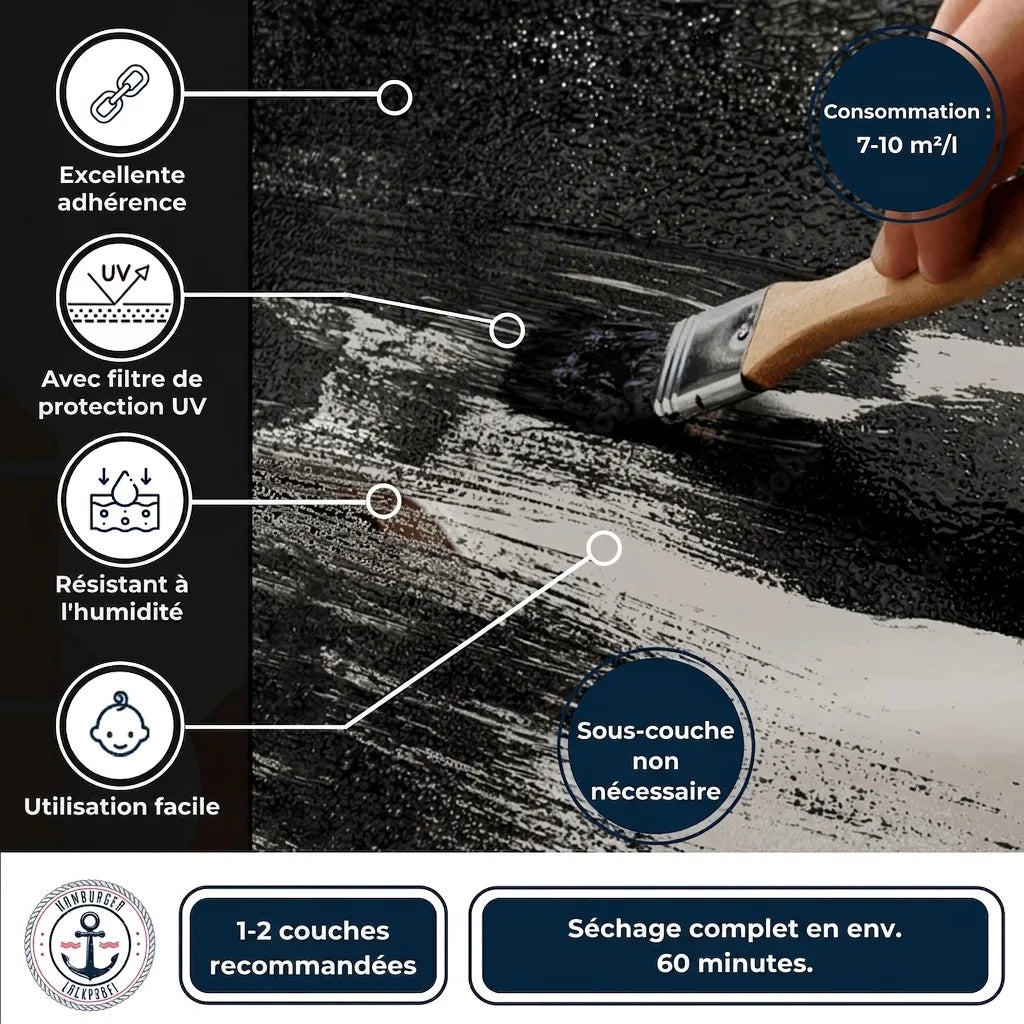 Peinture noire en application. Caractéristiques : adhérence, protection UV, résistance humidité, facile, séchage 60 min, sans primaire.