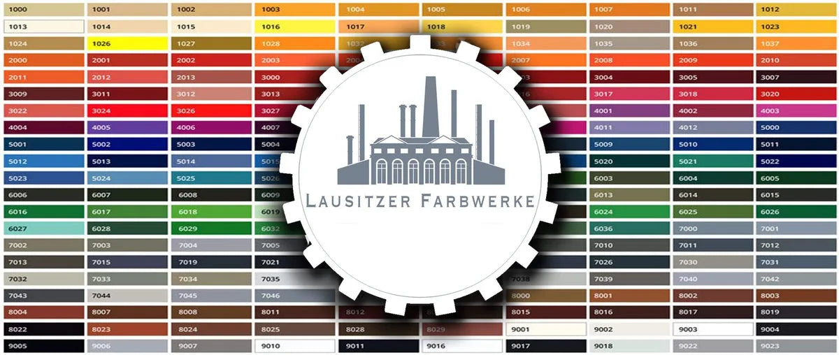 Palette de couleurs RAL avec nuancier et codes numériques, logo Lausitzer Farbwerke en surimpression.