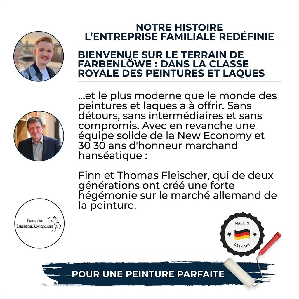 Histoire de l'entreprise familiale Farbenlöwe, présentant ses fondateurs et ses peintures 'Made in Germany'.