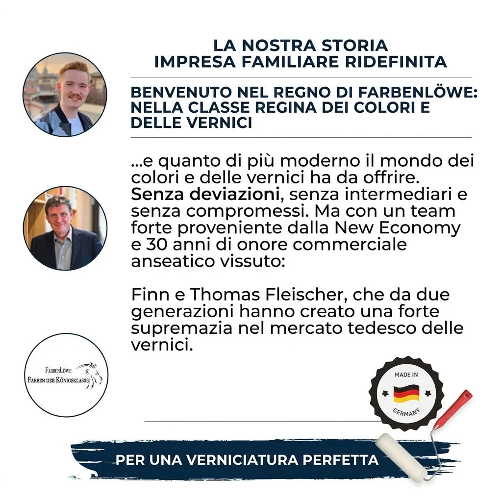 Storia di Farbenlöwe, azienda familiare tedesca, con vernici e lacche di alta qualità, fondatori Finn e Thomas Fleischer.