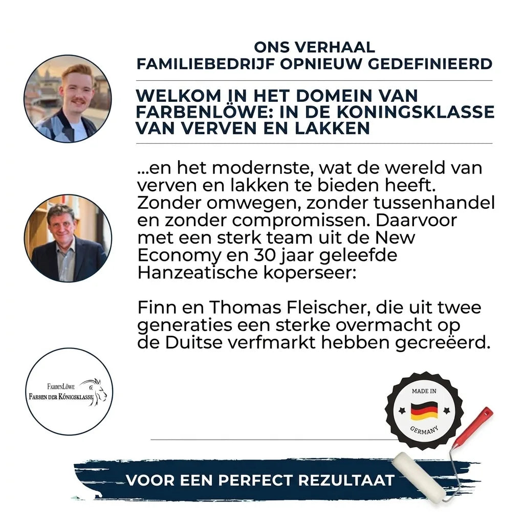 Informatie over familiebedrijf FarbenLöwe, met portretten van Finn en Thomas Fleischer, hun verfmerk en Made in Germany logo.