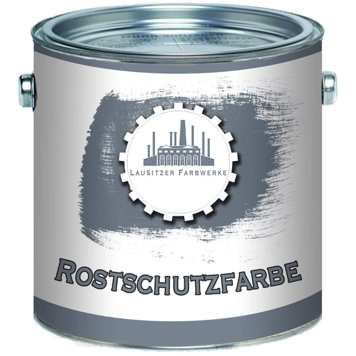 Szara puszka farby antykorozyjnej Lausitzer Farbwerke. Na etykiecie napis „ROSTSCHUTZFARBE”.