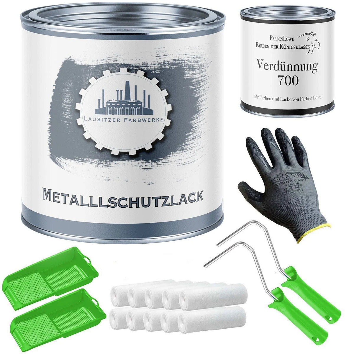 Szara farba do metalu w puszce, rozcieńczalnik, rękawice, wałki i kuwety malarskie w zestawie.