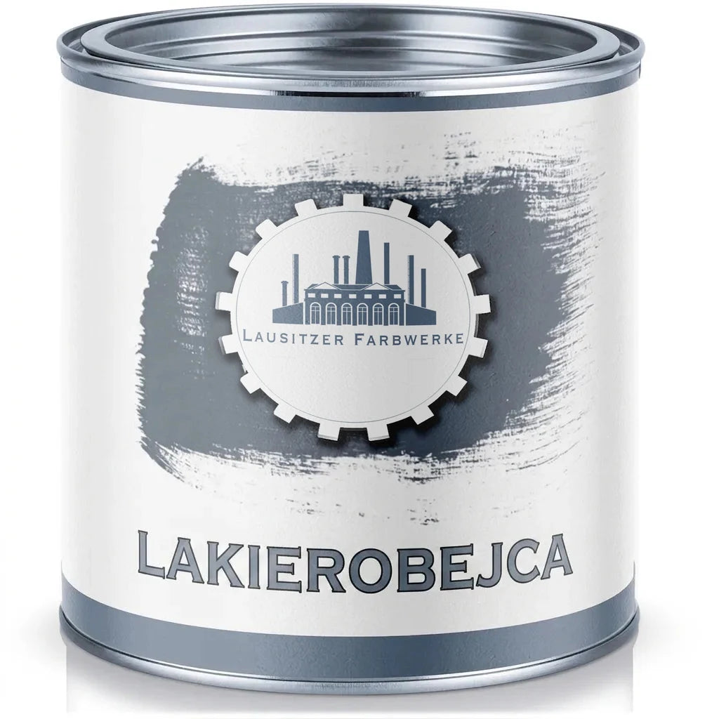 Szara lazura do drewna Lausitzer Farbwerke w metalowej puszce na białym tle. Opakowanie produktu.