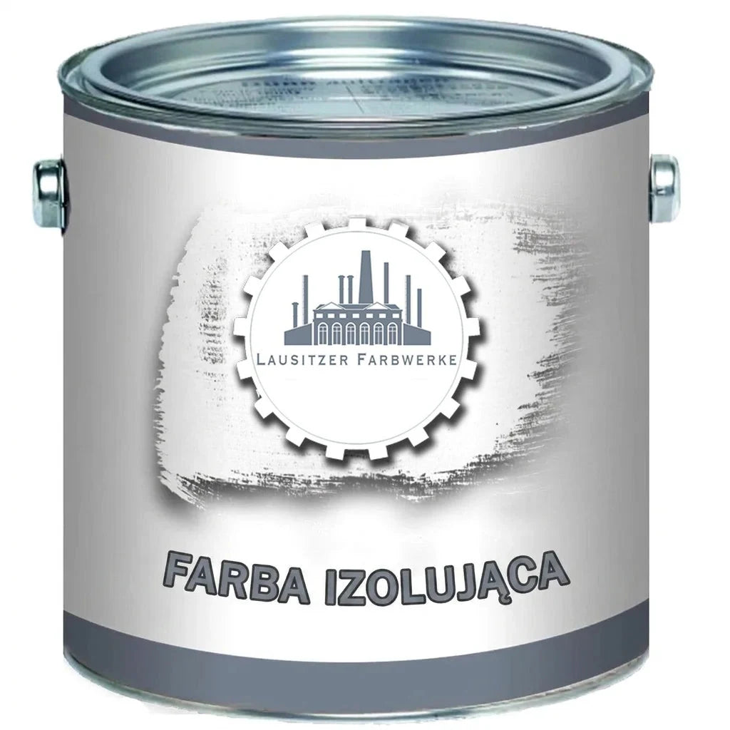 Puszka farby izolacyjnej Lausitzer Farbwerke z logo fabryki. Biała farba izolacyjna.