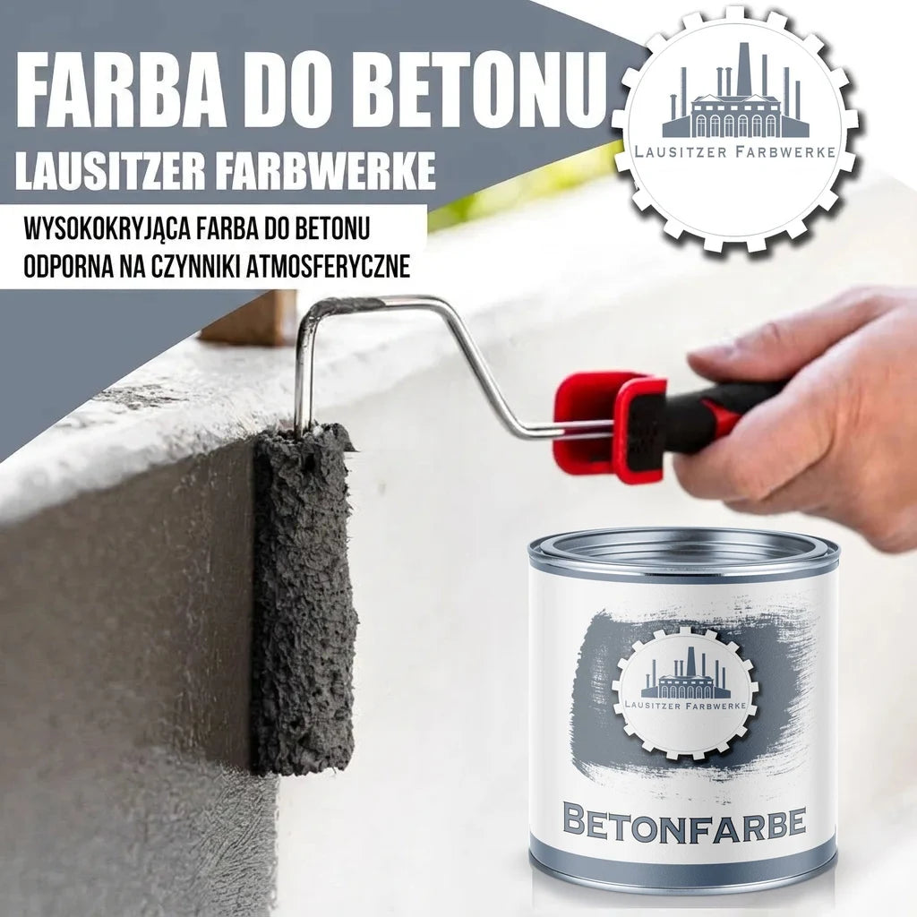 Farba do betonu Lausitzer Farbwerke. Malowanie ściany wałkiem, puszka farby "BETONFARBE".