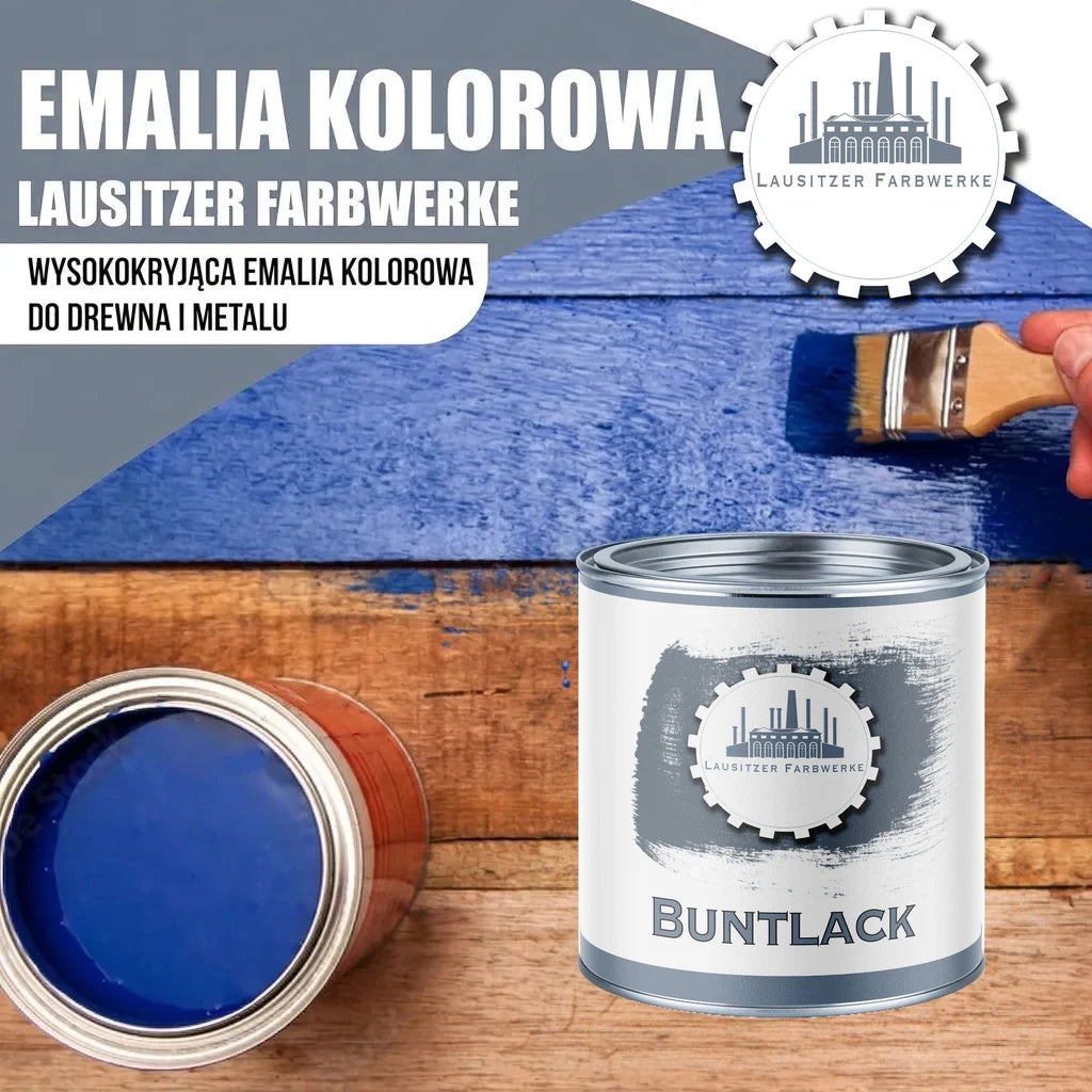 Niebieska emalia "Buntlack" Lausitzer Farbwerke do drewna i metalu, malowanie pędzlem.