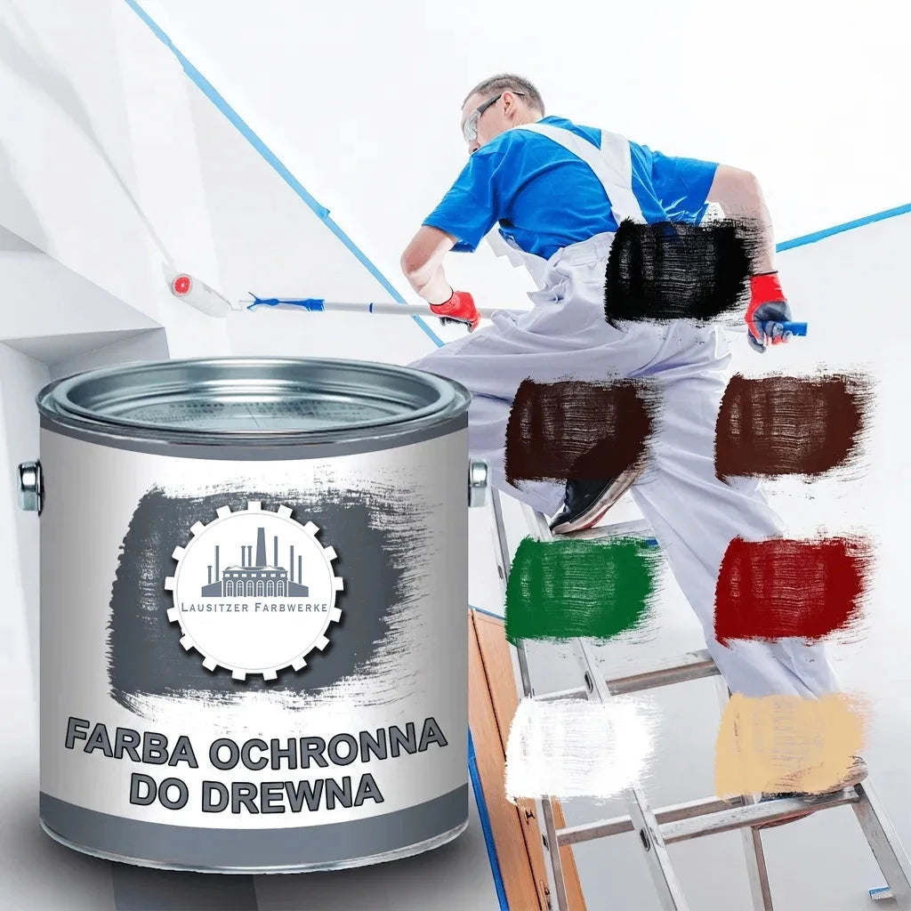 Malarz na drabinie, puszka farby do drewna HOLZSCHUTZFARBE LAUSITZER FARBWERKE i próbki kolorów.