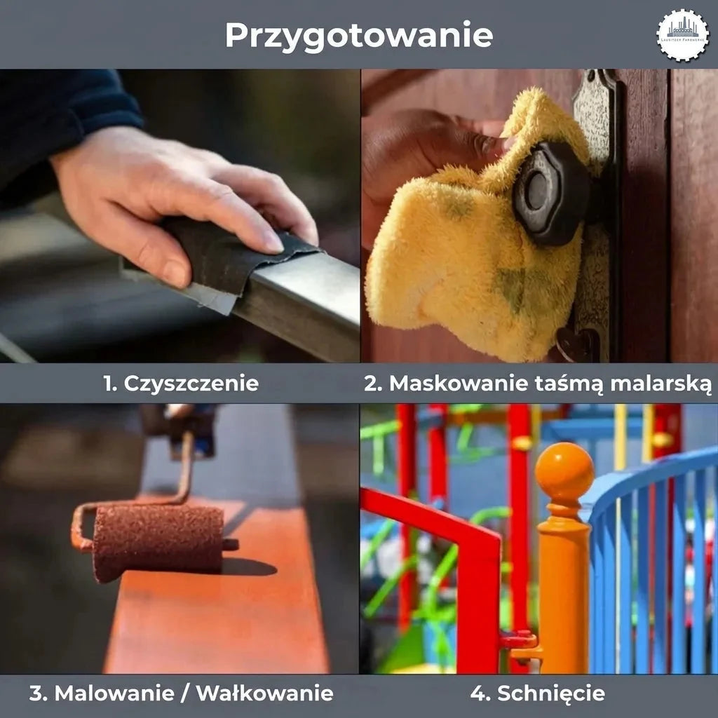 Instrukcja malowania: czyszczenie powierzchni, zabezpieczanie taśmą, malowanie wałkiem, suszenie. Kolorowe balustrady.