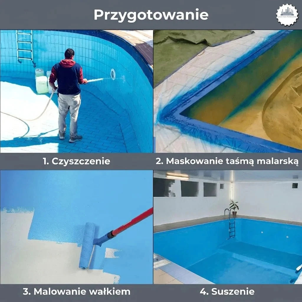 Instrukcja malowania basenu: czyszczenie, zakrywanie taśmą malarską, malowanie wałkiem, suszenie. Remont basenu.