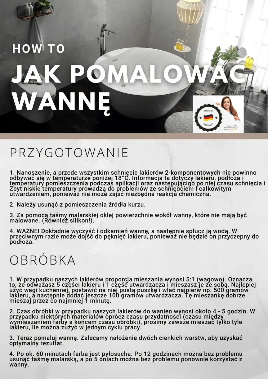Instrukcje krok po kroku w języku niemieckim, jak pomalować wannę, z obrazkiem łazienki.