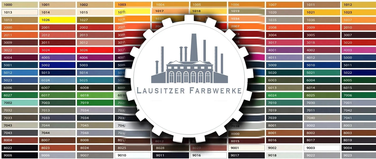 Wzornik kolorów RAL z bogatą paletą barw i numerami, z centralnym logo fabryki Lausitzer Farbwerke.