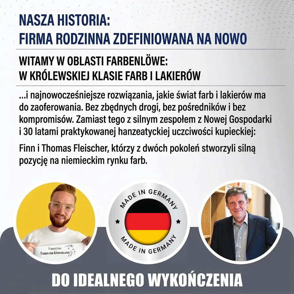 Opis niemieckiej firmy rodzinnej Farbenlöwe, producenta farb i lakierów. Widoczni Finn i Thomas Fleischer, logo Made in Germany.