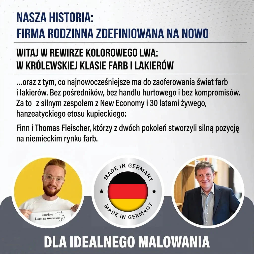 Niemiecka firma Farbenlöwe, nagłówki o redefinicji biznesu, tekst o farbach i lakierach, dwóch mężczyzn, 'Made in Germany'.