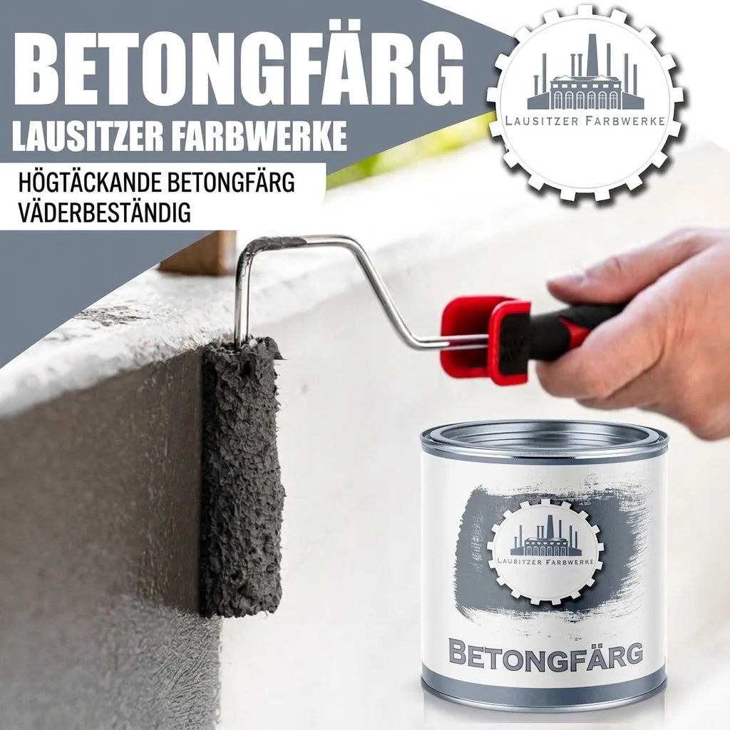 Mörkgrå betongfärg från Lausitzer Farbwerke. Högtäckande, väderbeständig färg appliceras med roller.
