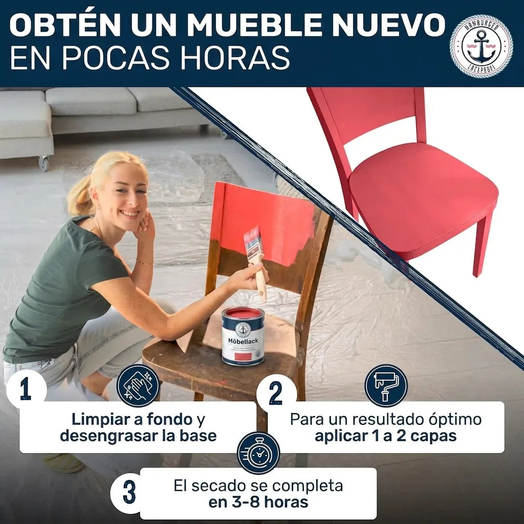 Mujer pintando una silla, mostrando el antes y después, con instrucciones paso a paso para renovar muebles.