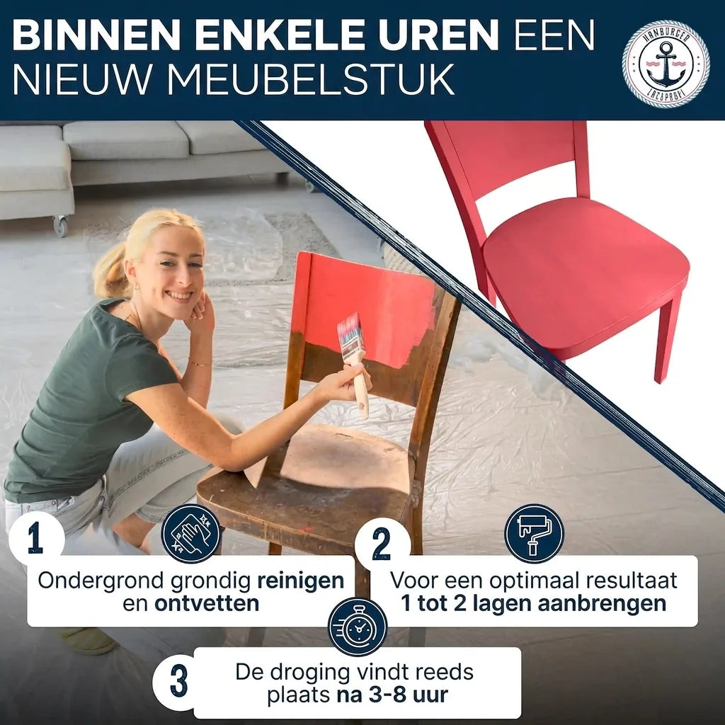 Vrouw schildert stoel rood. Drie stappen voor snelle meubelrenovatie: reinigen, 1-2 lagen verf, droogtijd 3-8 uur.
