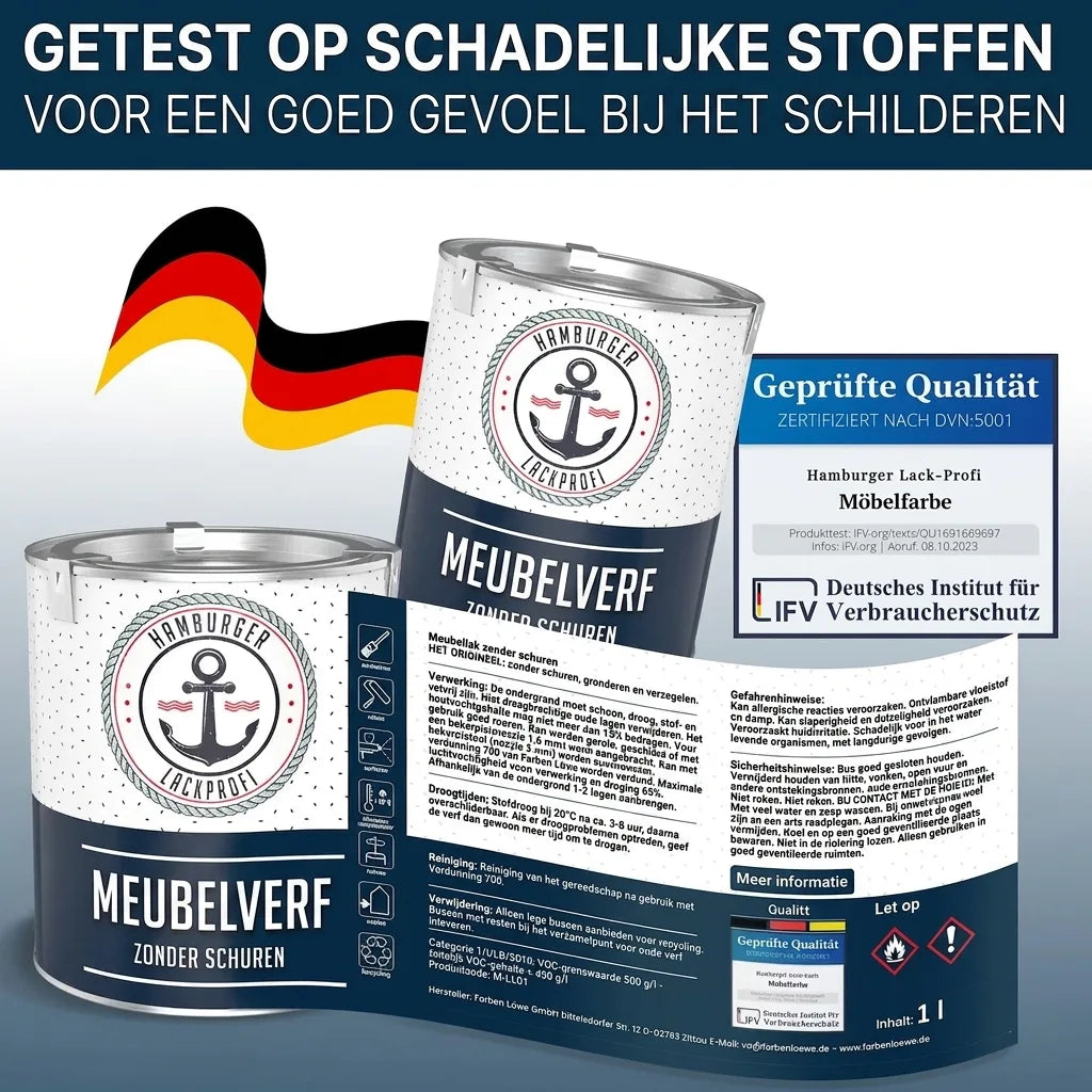 Hamburger Lack-Profi meubelverf getest op schadelijke stoffen, zonder schuren. Geteste kwaliteit, consumentenbescherming.