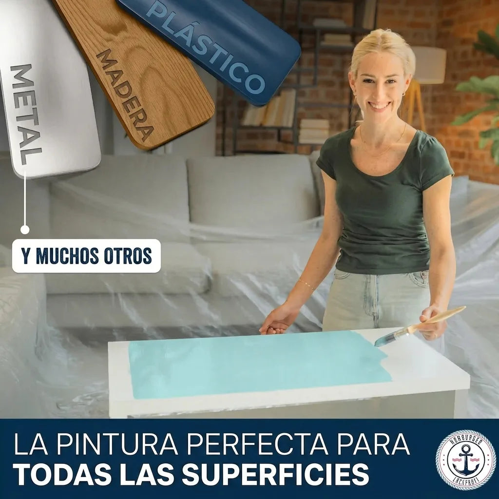 Mujer feliz pinta mesa azul. Pintura versátil para metal, madera, plástico y muchas otras superficies.
