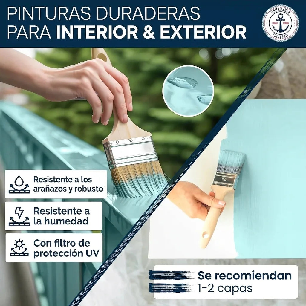 Pintura duradera interior/exterior azul claro. Resistente a arañazos, humedad y UV. Se recomiendan 1-2 capas.