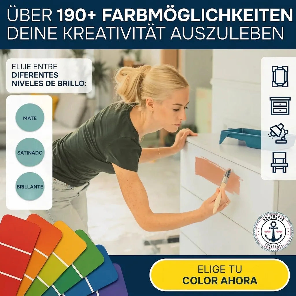 Mujer pintando mueble. Pintura con +190 colores y acabados mate, semimate, brillante. ¡Elige tu color!