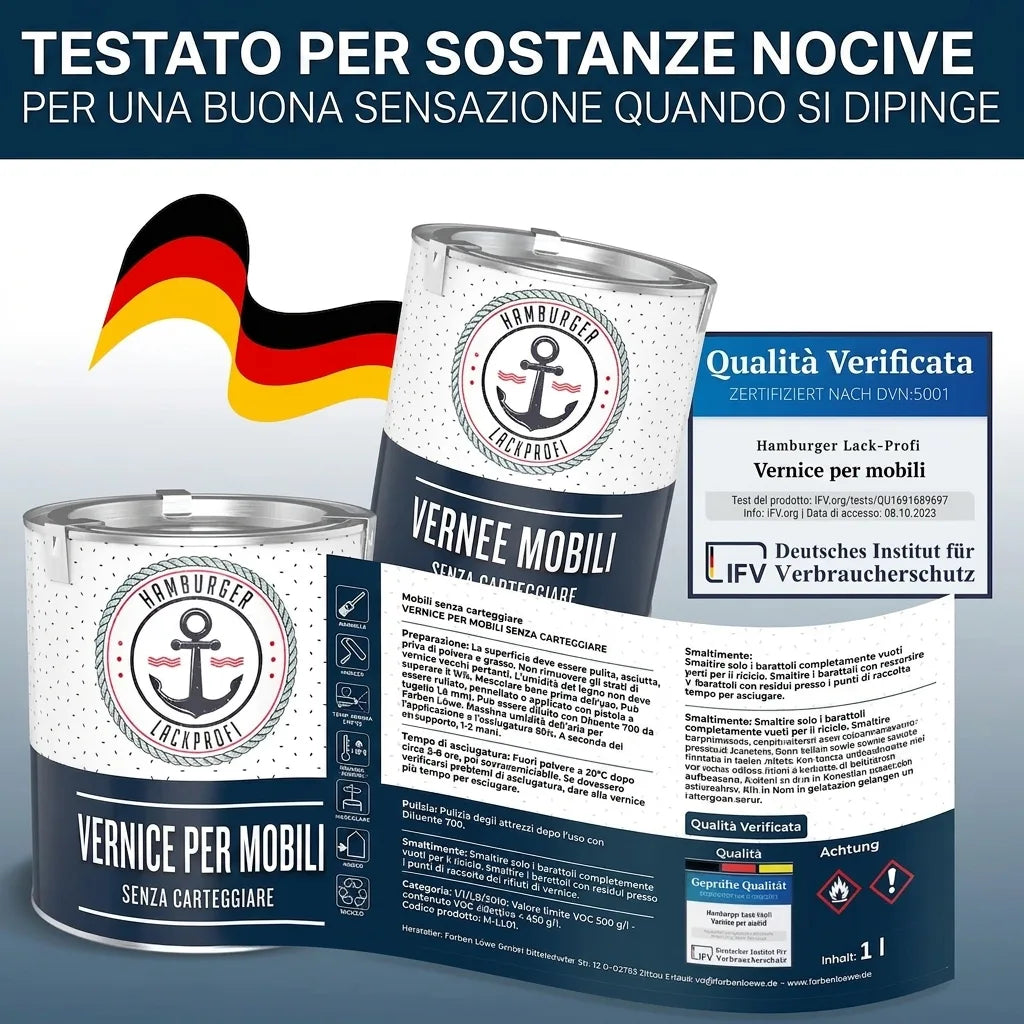 Vernice tedesca per mobili senza carteggiatura, testata per sostanze nocive, con certificazioni di qualità.