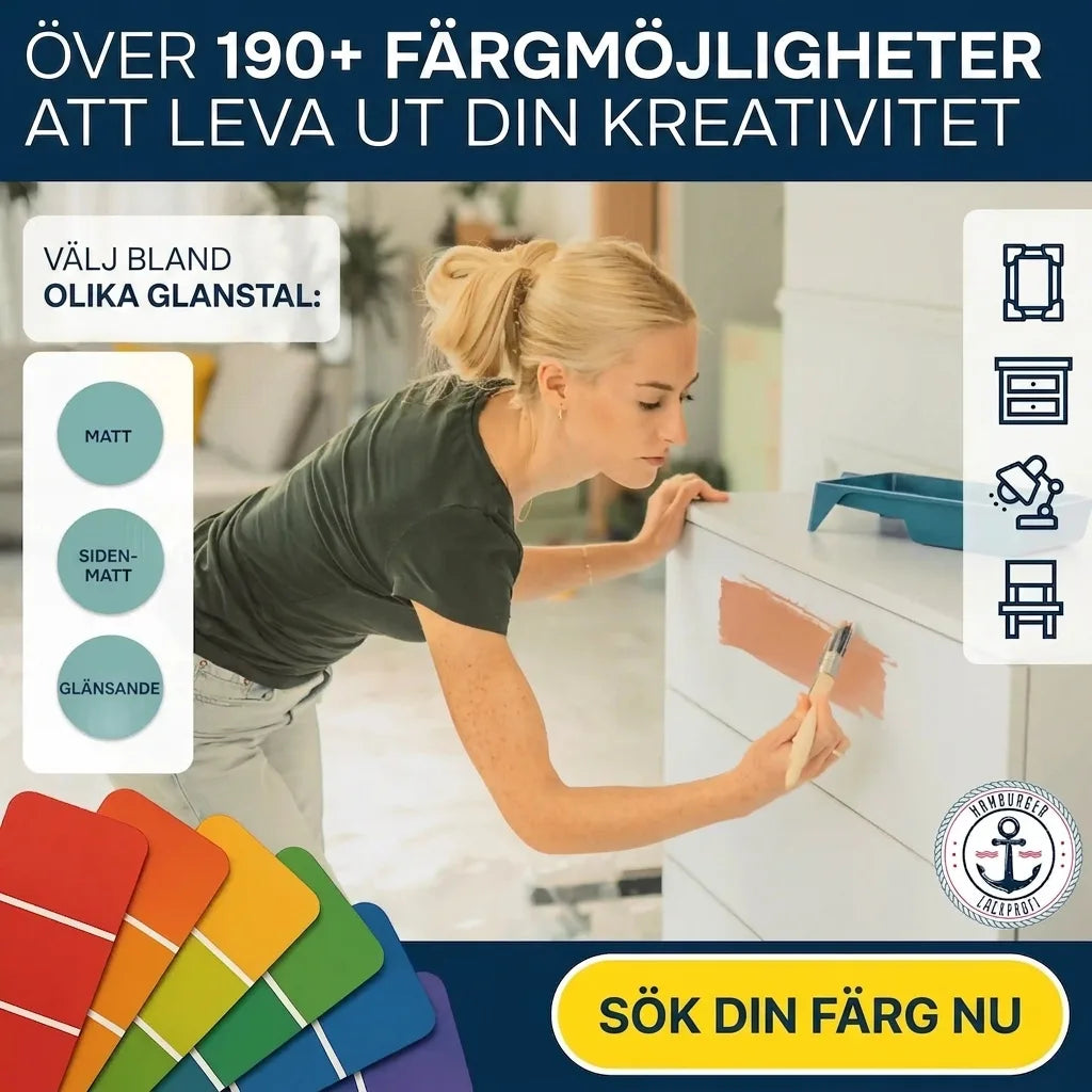Kvinna målar möbler, över 190 färgalternativ och glansgrader att välja mellan. Välj din färg nu.