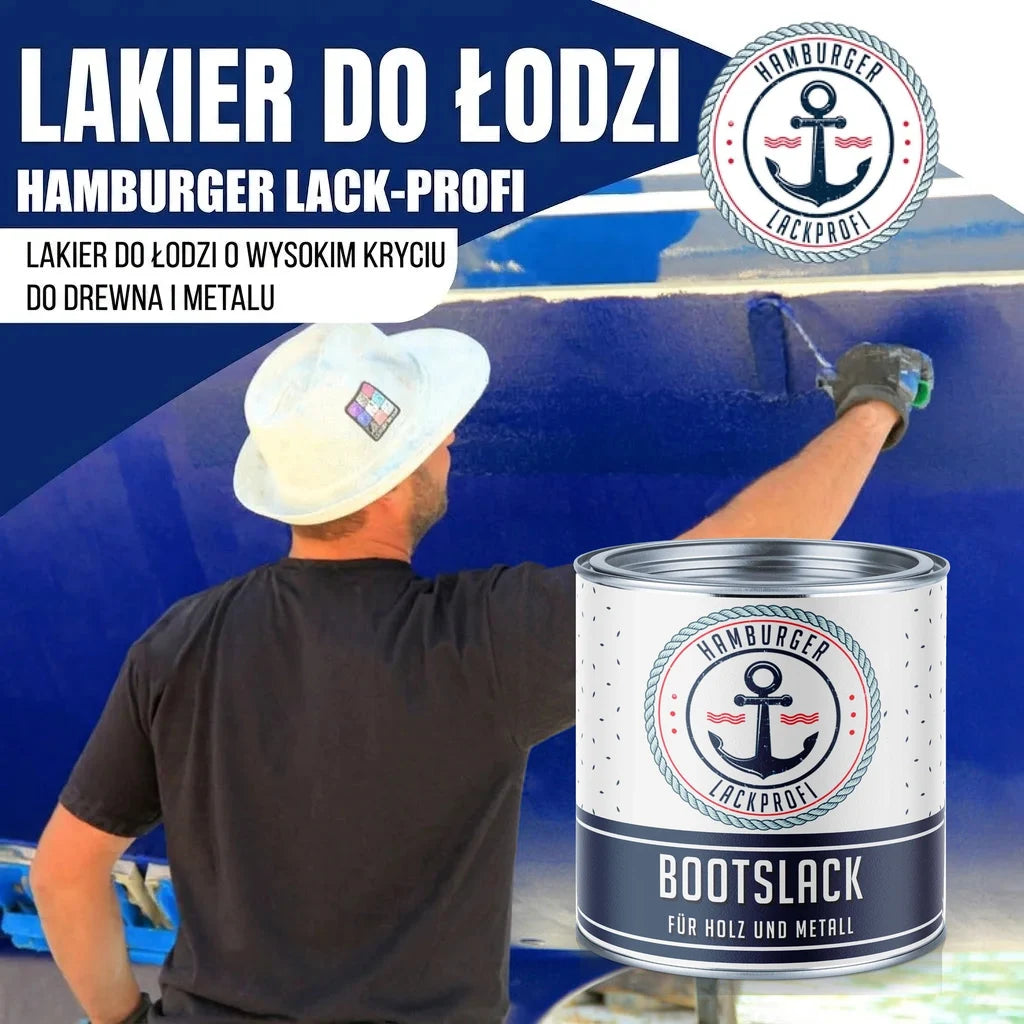 Mężczyzna maluje łódź na niebiesko. Na pierwszym planie puszka farby "BOOTSLACK FÜR HOLZ UND METALL" marki Hamburger Lack-Pro