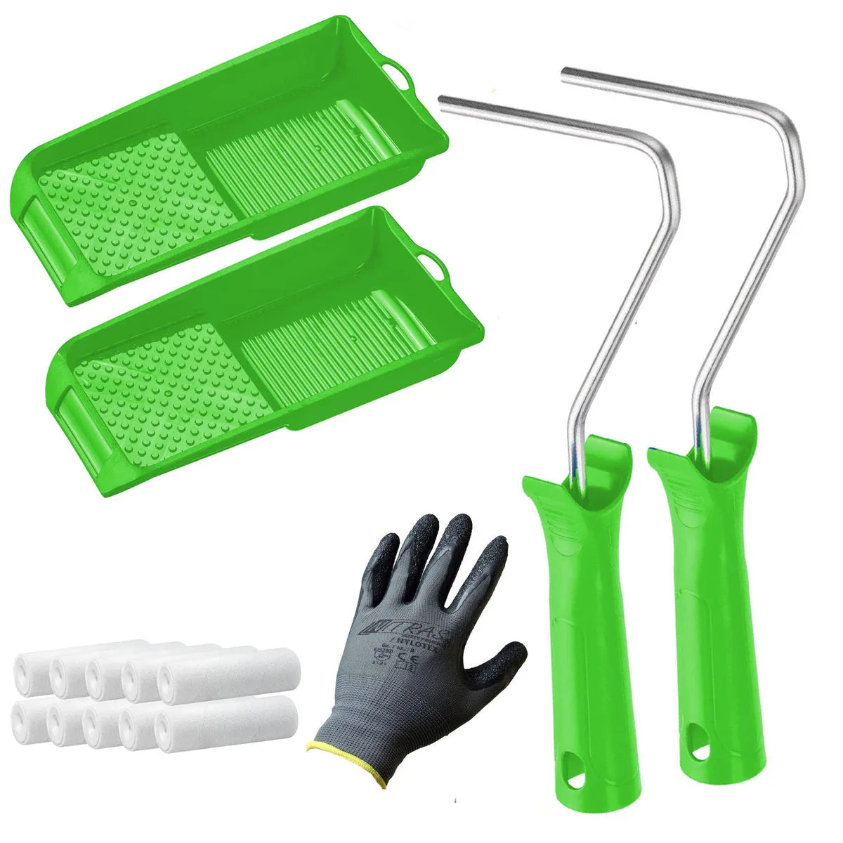 Set pittura fai da te con 2 vaschette verdi, 2 telai per rulli, 8 rulli di ricambio e 1 guanto da lavoro
