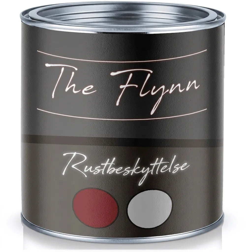 Dåse sort rustbeskyttelsesmaling The Flynn med rød og grå farveprøve på etiketten.