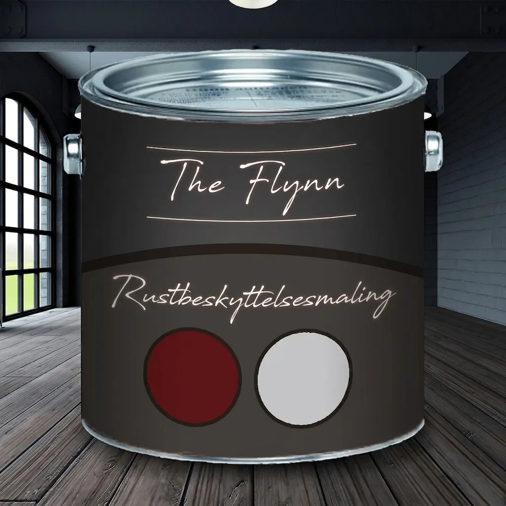 Mørkegrå malingsdåse af rustbeskyttelsesmaling The Flynn på trægulv med røde og hvide farveprøver.