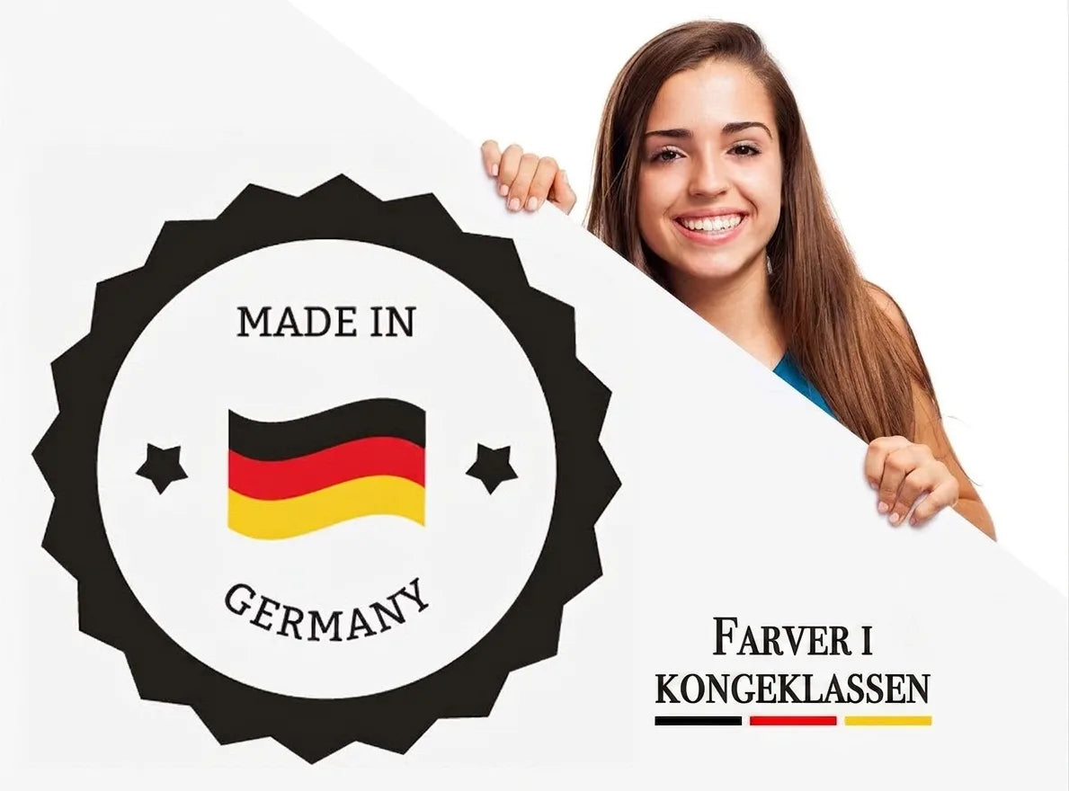 Kvinde med 'Made in Germany' logo og 'FarbenLöwe' brandtekst, 'Farben der Königsklasse'.