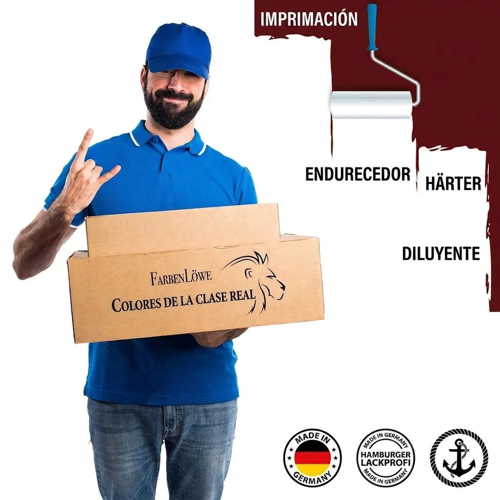 Hombre en uniforme azul con cajas de pintura FarbenLöwe, colores de clase premium. Rodillo pintando pared de blanco.